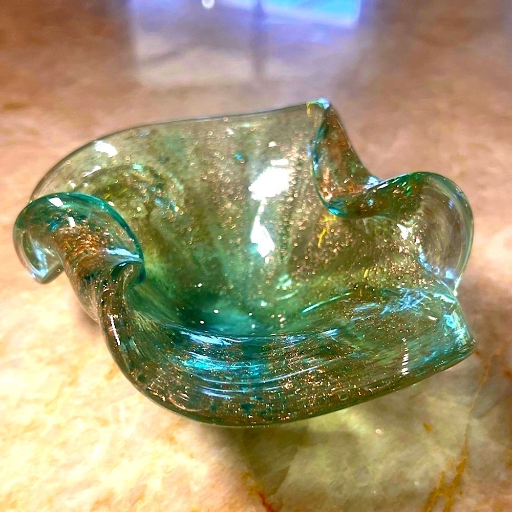Murano vintage MCM  Green turquoise Glass Art Bowl with metallic flecks
